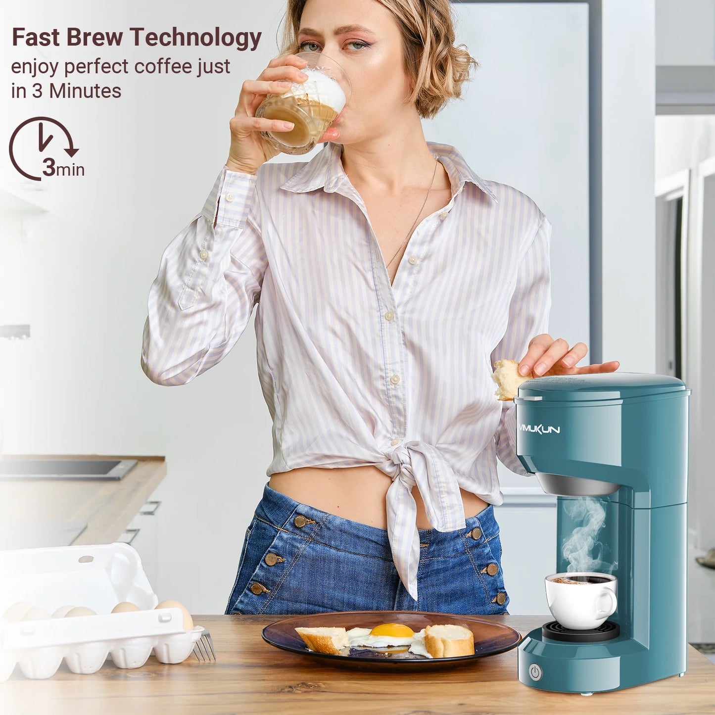 Single Serve Coffee Maker, Mini Coffee Brewer for K-Cup Single Cup Capsule and Ground Coffee, Single Cup Coffee Makers with 6 to 14Oz Reservoir, Light Grey