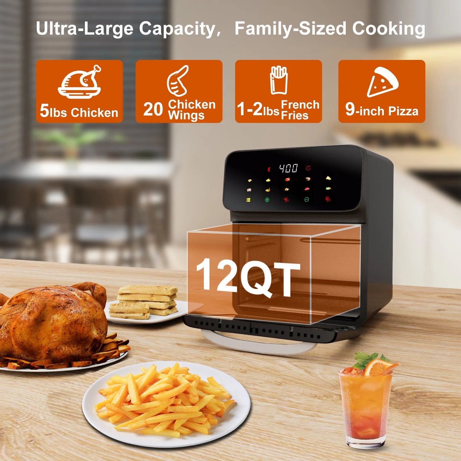 Air Fryer 12QT Convection Oven with 10-In-1 Multi Function, Visible Window and Touchscreen, White