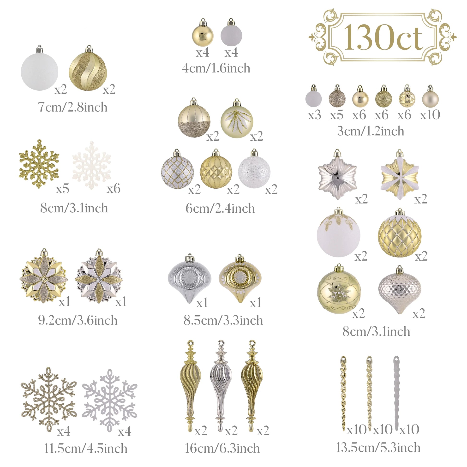 130Ct Christmas Ornaments Set, White Gold Shatterproof Ornaments for Christams Tree Decor