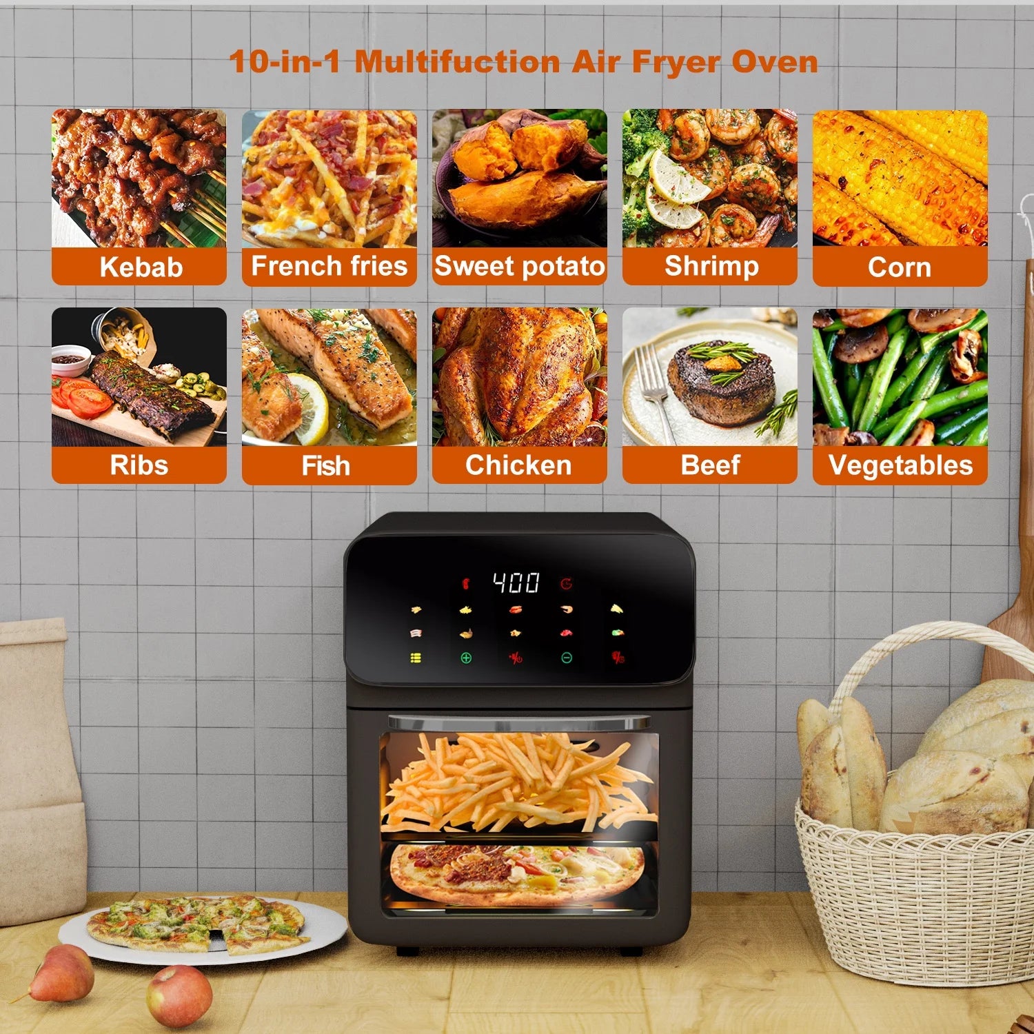 Air Fryer 12QT Convection Oven with 10-In-1 Multi Function, Visible Window and Touchscreen, White