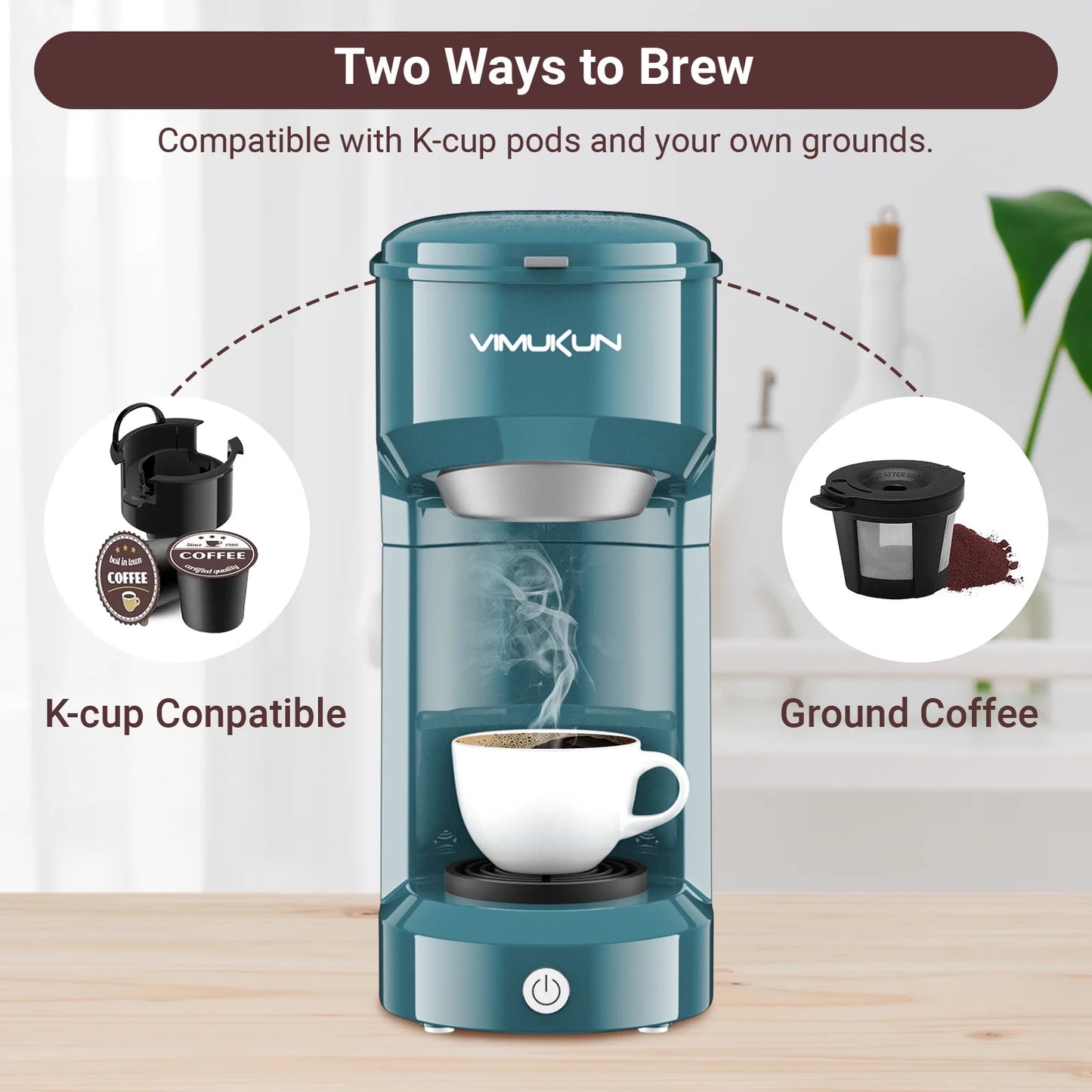 Single Serve Coffee Maker, Mini Coffee Brewer for K-Cup Single Cup Capsule and Ground Coffee, Single Cup Coffee Makers with 6 to 14Oz Reservoir, Light Grey